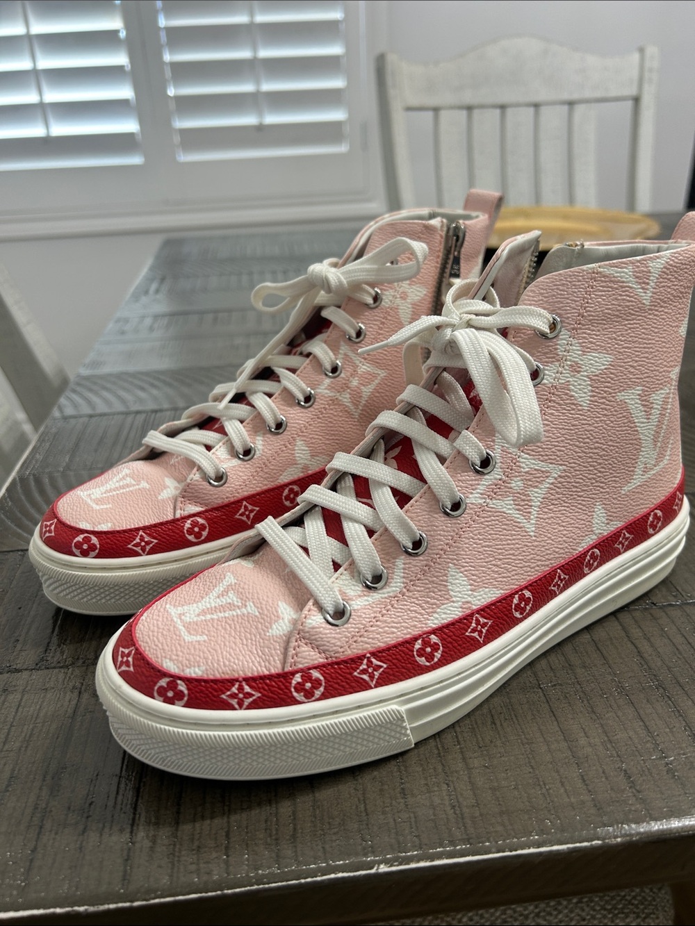 Louis Vuitton Pink and Red Monogram High-Top Sneakers - Picture 1 of 4
